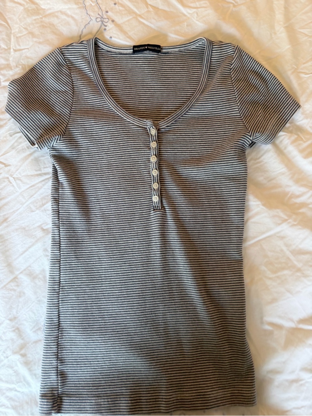Brandy Melville Blue & White Striped Henley Short Sleeve Tee